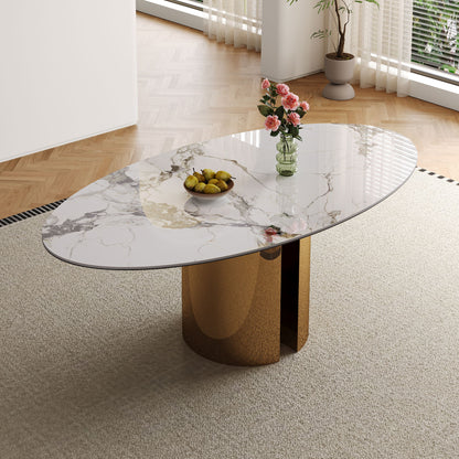 Oval Dining Table With Stainless Steel Base, Sturdy And Stable Design For Kitchen, Dining Room - Brown / White