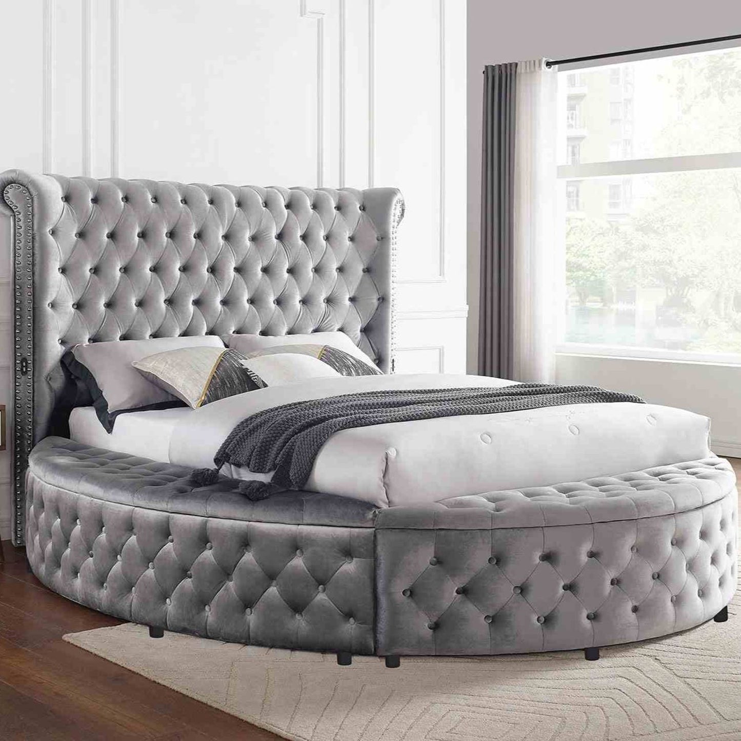 Glam Button Tufted Wingback Round Bed With Storage And USB Ports