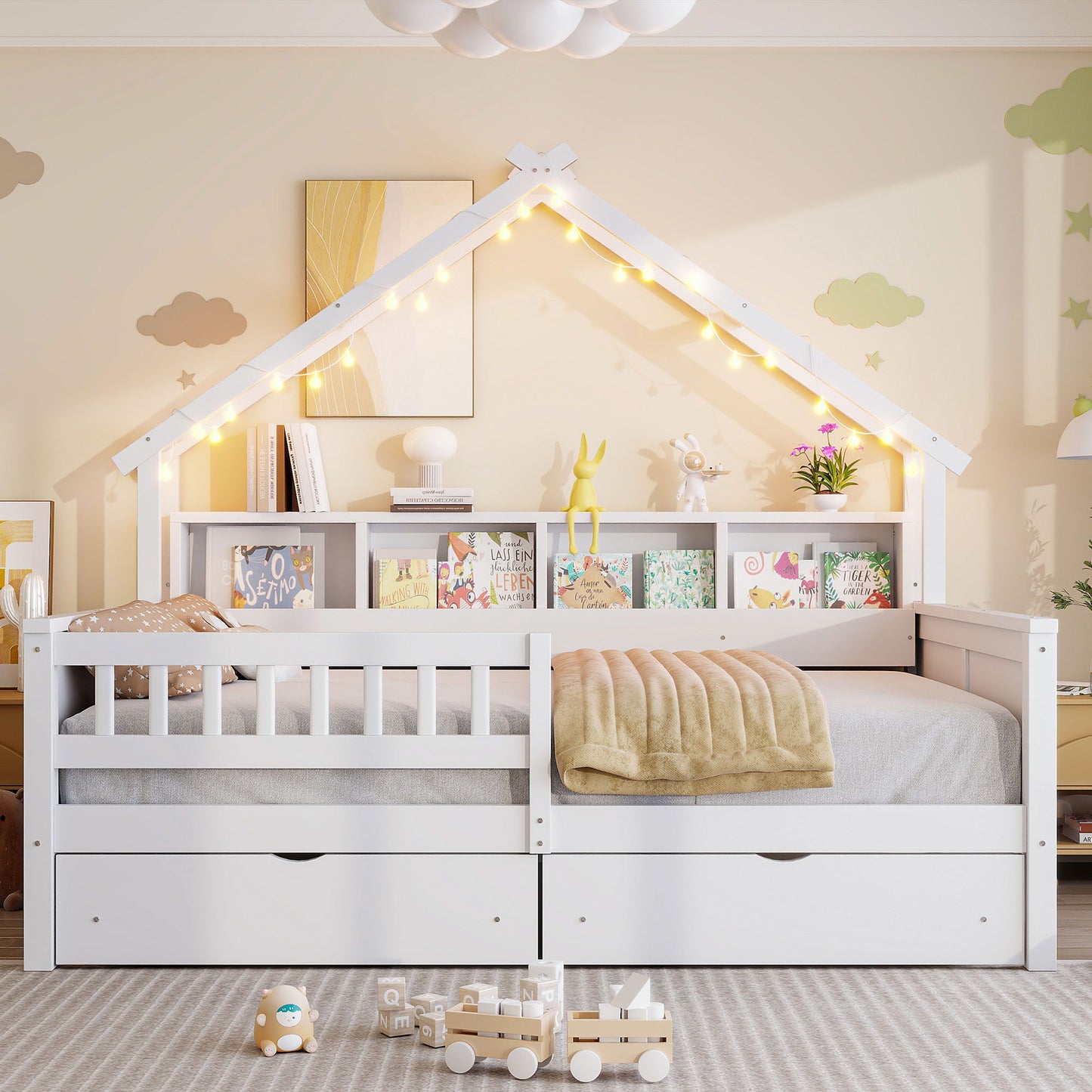 House Style Platform Bed With LED Lights, Storage Shelves, Drawers, And Guardrail