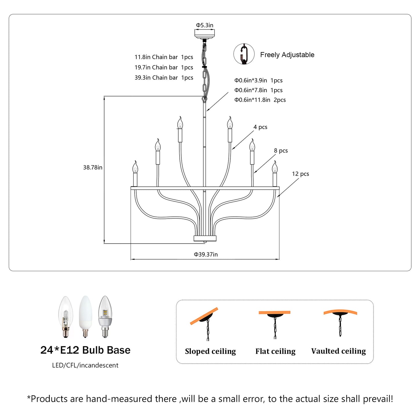 24 Light Chandelier Industrial Iron Candle Chandelier Modern Suspended Farmhouse Chandeliers Pendant Light Fixtures For Dining Room Bedroom Living Room Kitchen Island Foyer E12 Bulb (No Include) - Black