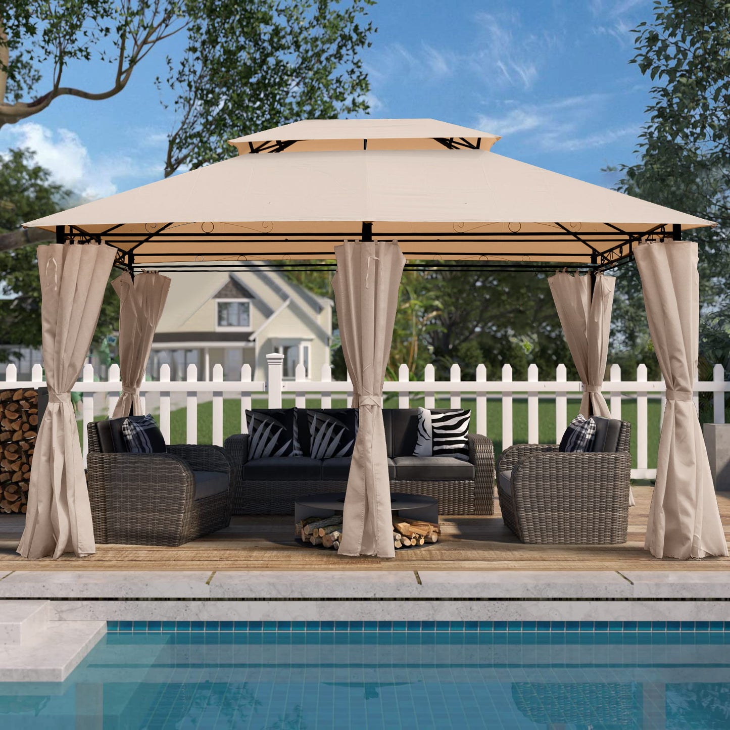 Outdoor Patio Gazebo Tent With Ventilated Double Roof And Sidewall