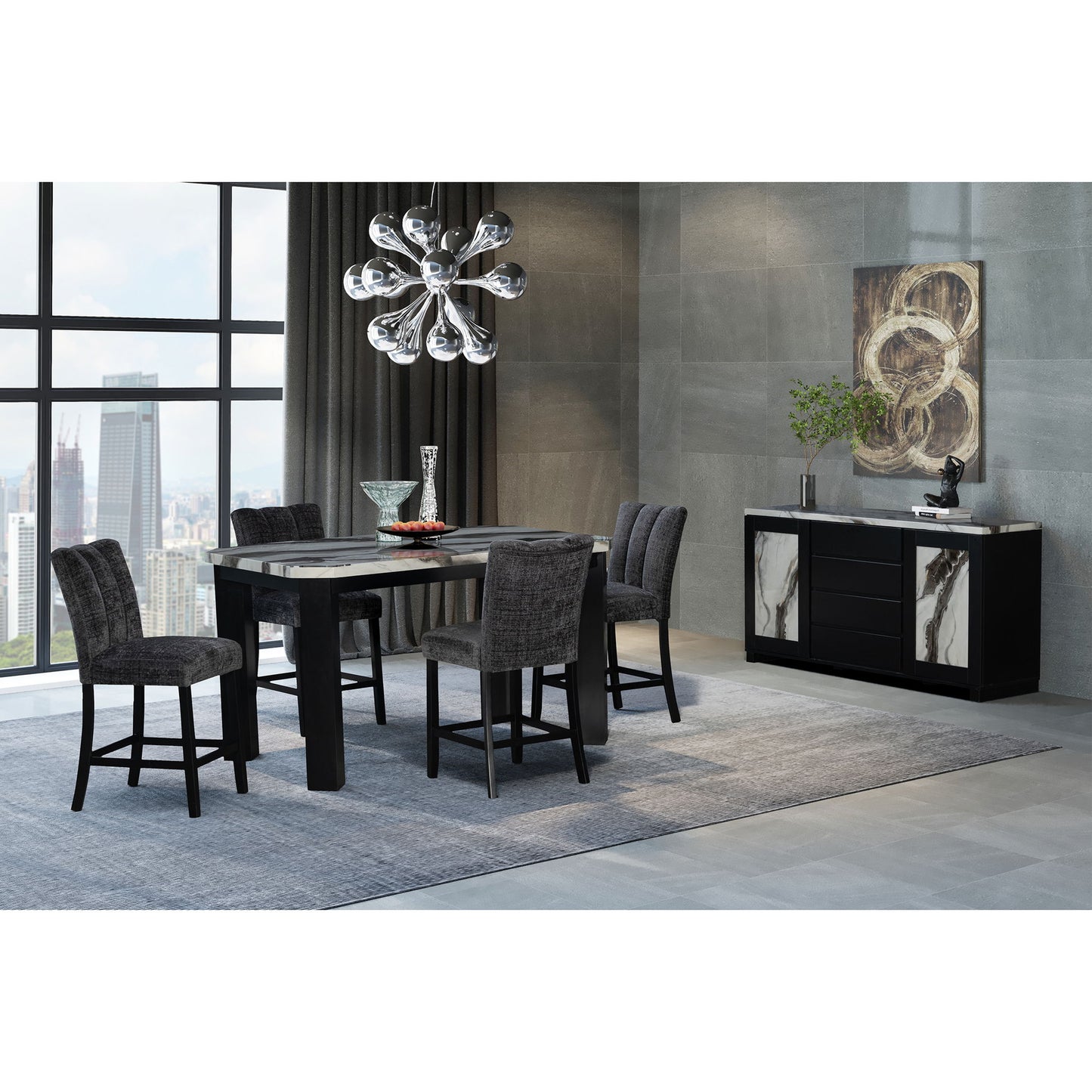 Magaly - Bar Table And Stool 5 Piece Set With Marbled Top Detail - Dark Gray