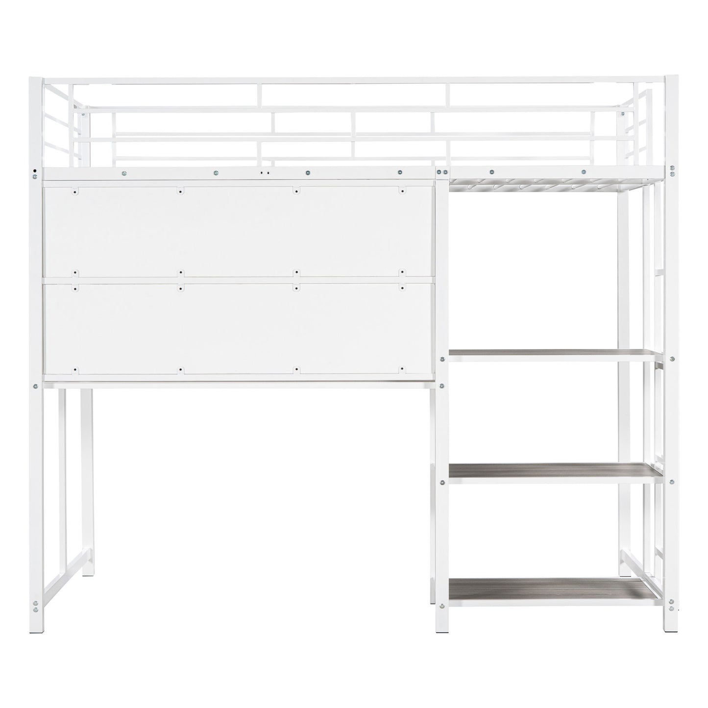 Metal Loft Bed With Desk, 3 Shelves And Ladder
