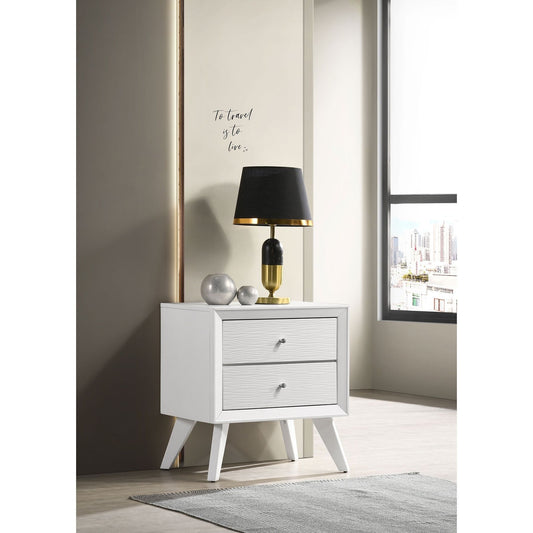 Nightstand With Angled Legs, Round Knobs, Wave Texture, 2 Drawer Bedside Table - White