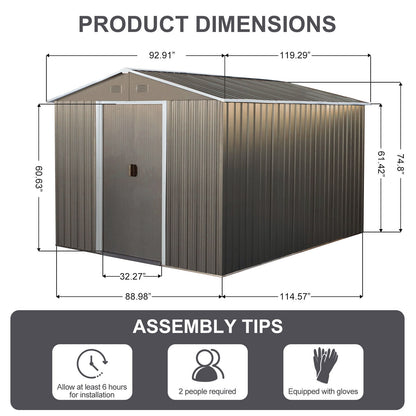 8X10Ft Outdoor Metal Storage Shed - Gray