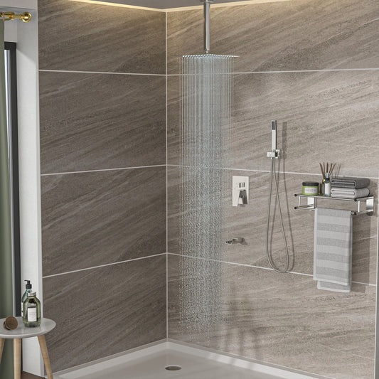 16" Ceiling Mount Square Shower System With Waterfall Tub Spout And Rough In Valve