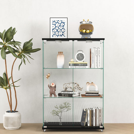 Modern Display Cabinet With LED Lights, Transparent Tempered Glass 2 Door Storage Case With 3 Shelves