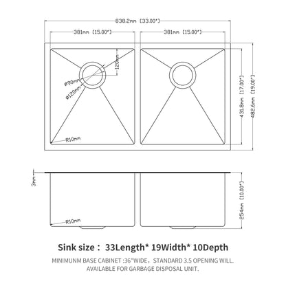Double Bowl Undermount Kitchen Sink 16 Gauge 33" X 19" With Dual 10" Deep Basins - Gunmetal Black