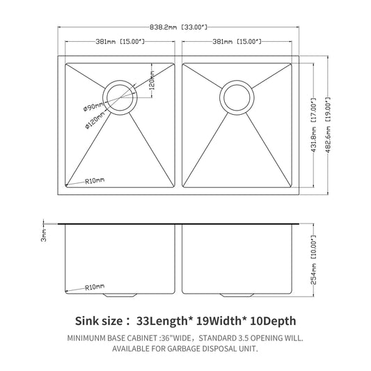 Double Bowl Undermount Kitchen Sink 16 Gauge 33" X 19" With Dual 10" Deep Basins - Gunmetal Black