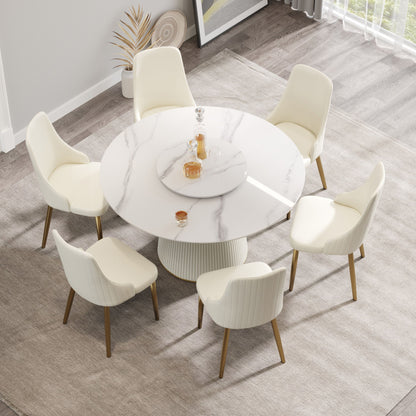 Modern Artificial Stone Round Plywood Base Dining Table, Can Accommodate 6 People, Artificial Stone Turntable (Not Including Chairs) - White / Beige