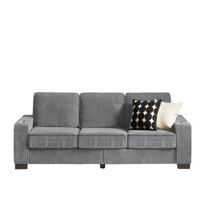 Modern Corduroy Fabric Sofa, 3 Seater Compressed Couch With Cup Holders