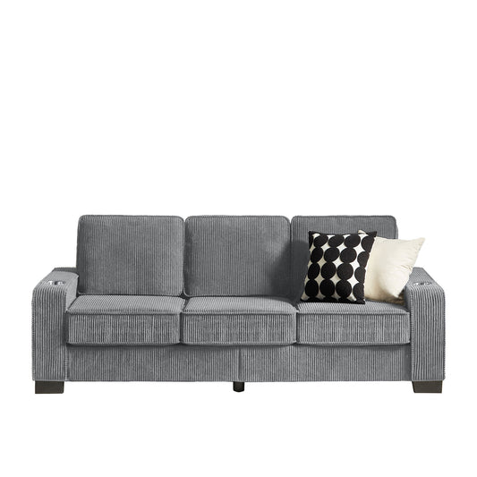 Modern Corduroy Fabric Sofa, 3 Seater Compressed Couch With Cup Holders