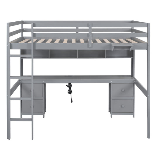 Loft Bed With Desk, Cabinets, Drawers, Charging Station And Bedside Tray