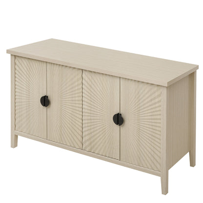 4 Door Sideboard, Carved Sideboard Buffet Cabinet With Storage, Modern Coffee Bar Cabinet With Adjustable Shelf For Living Room, Dining Room, Kitchen - Natural