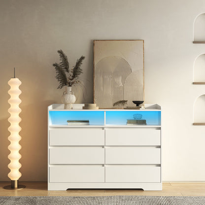 6 Drawer Dresser For Bedroom With LED Lights, Sturdy Frame - White