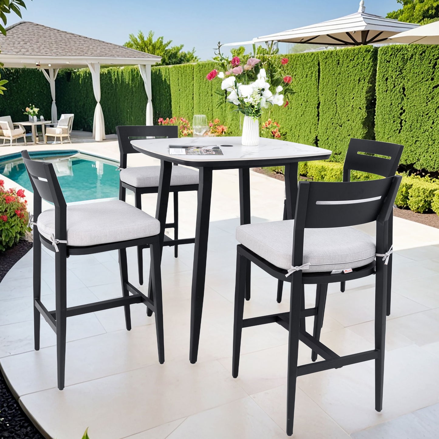 Modern Outdoor Patio Bar Set, Rounded Square Table & Bar Chairs, Non Rust Frame, Tapered Legs, Sunbrella Cushion