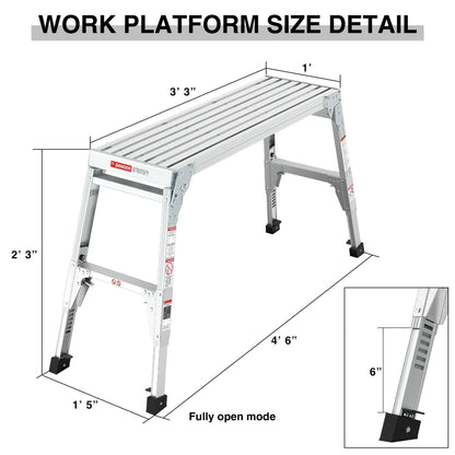 Aluminum Work Platform Large Size Step Stool Folding Portable Work Bench 40" Width Telescopic Feet Height Adjustable - Gray