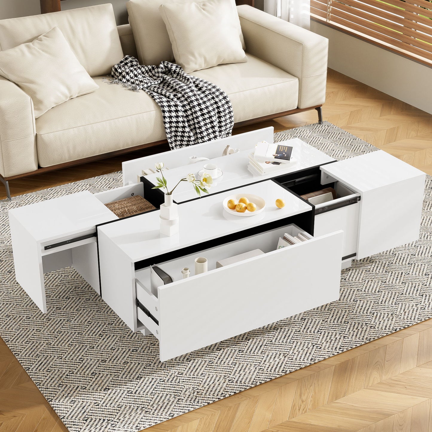 Extendable Coffee Table With 2 Hidden Storage Space And 2 Drawers For Living Room