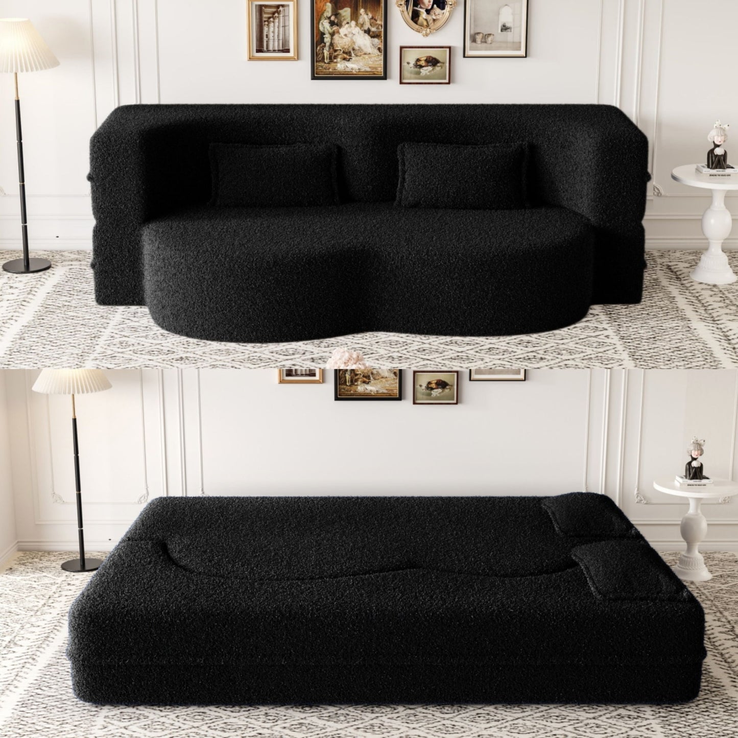 Modern Floor Sofa, With 2 Pillows, Convertible Teddy Fabric Foam Filled Bed