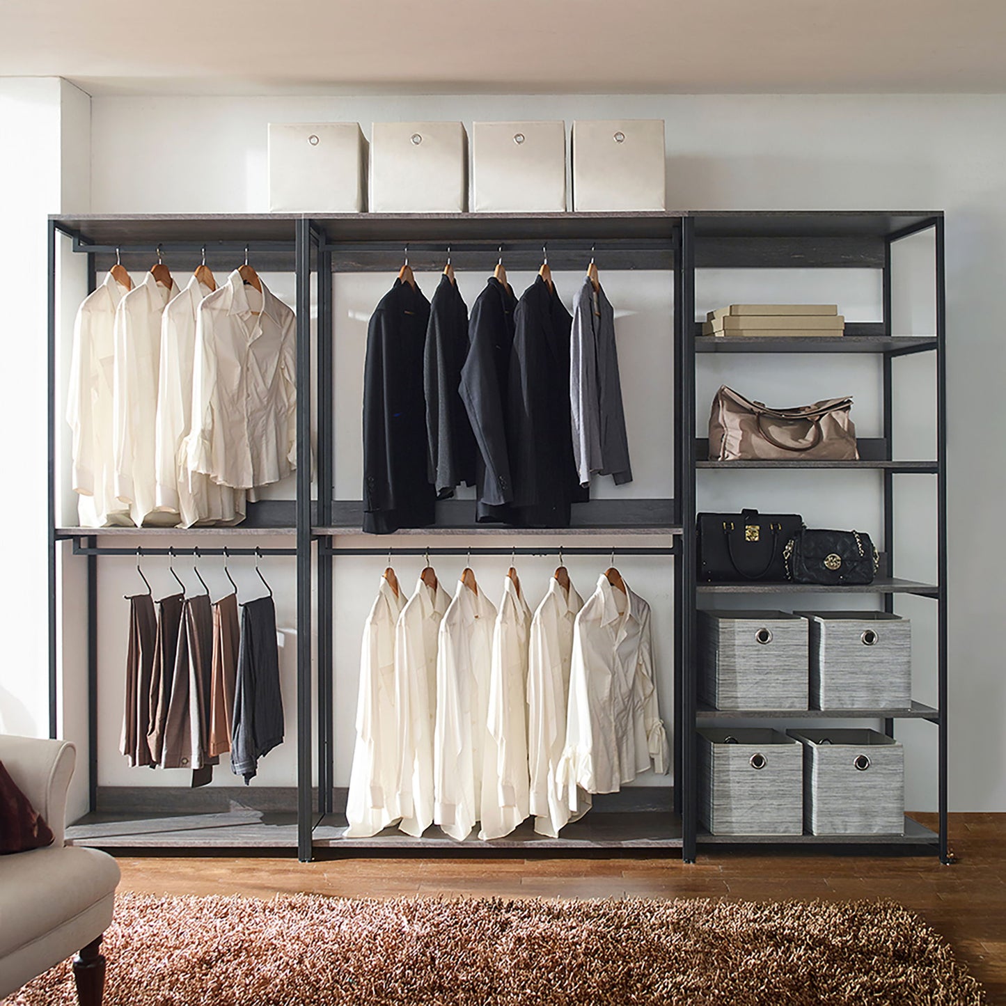 Monica - Wood Walk In Closet System With Spacious Drawer In Wood And Metal Frame - Gray