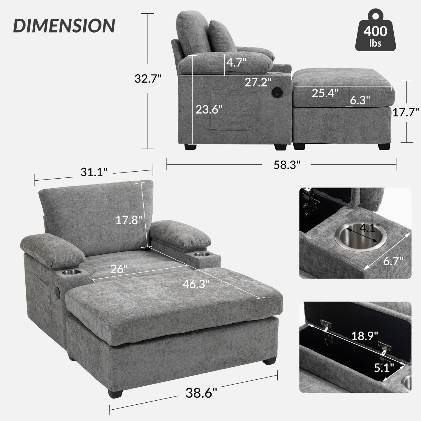 Modern Oversized Chair With Ottoman, Cupholders And USB Charging Ports
