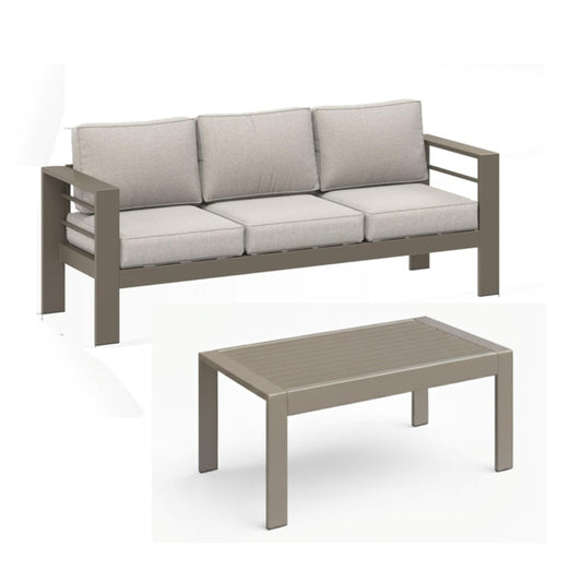 2 Piece Outdoor Patio Set, 3 Seat Sofa With Thick Cushions And Coffee Table - Light Khaki / Beige