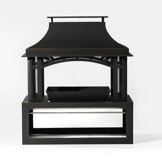 40" Wood Burning Fireplace, 50000 Btu Steel Fire Pit, Wood Burning Chimney For Outside Patio Deck Garden Backyard - Black