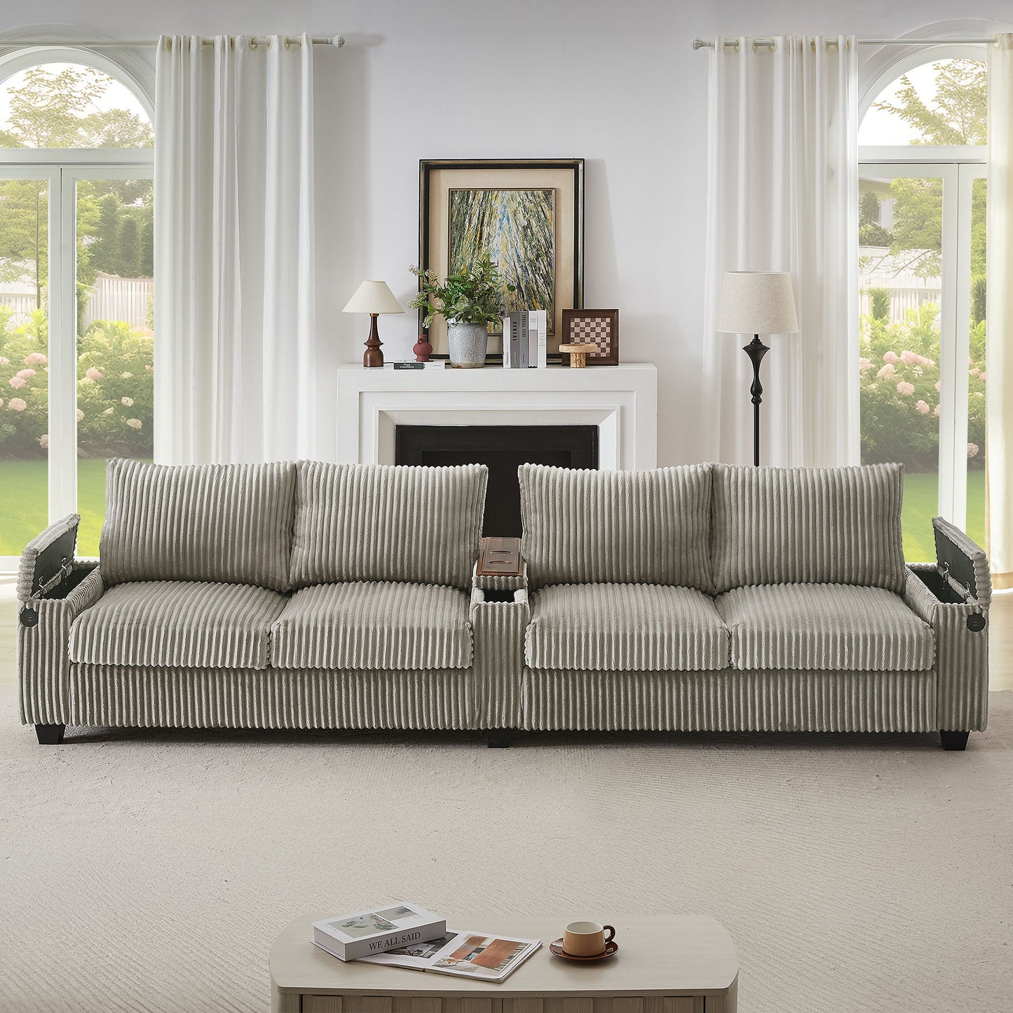 Modern 4 Seater Corduroy Sofa Couch With USB Ports And Hidden Storage