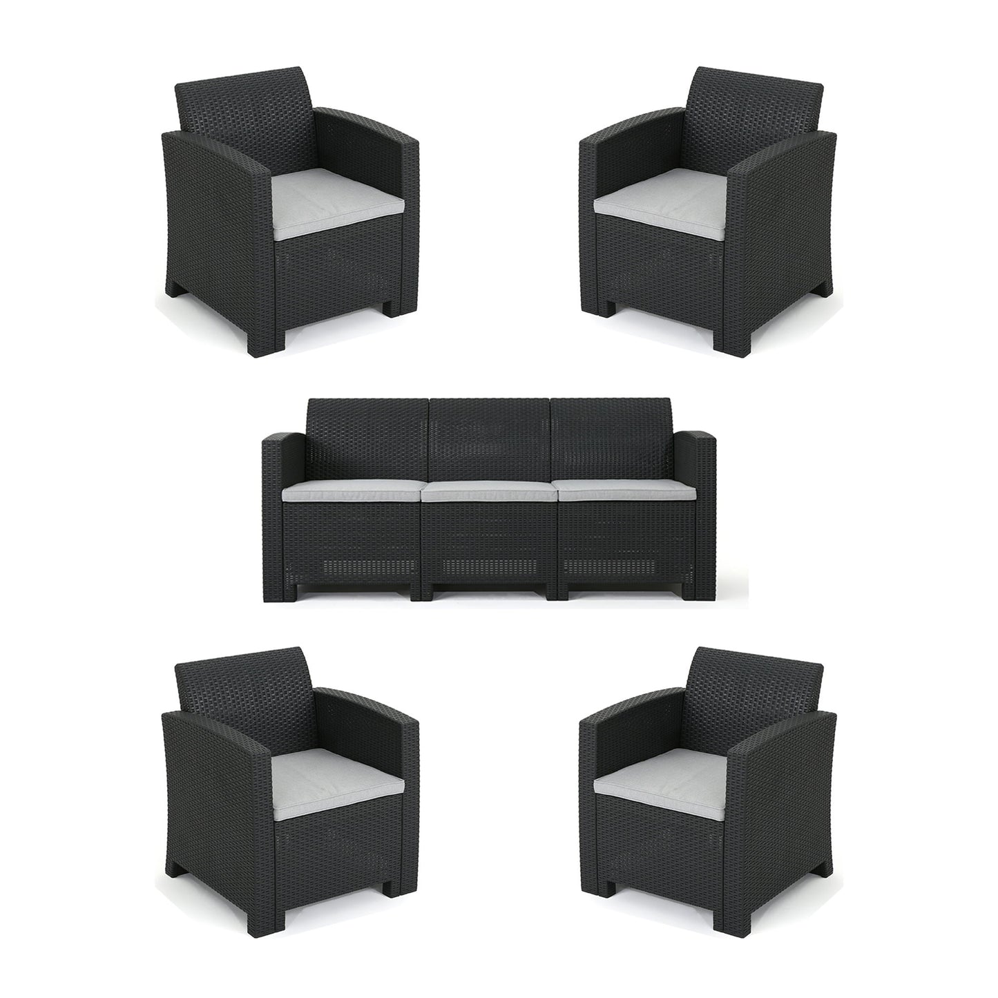 Outdoor Faux Wicker Rattan Style Chat Set With Water Resistant Cushions, 5 Pieces Set - Charcoal / Light Gray