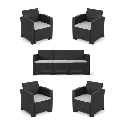 Outdoor Faux Wicker Rattan Style Chat Set With Water Resistant Cushions, 5 Pieces Set - Charcoal / Light Gray