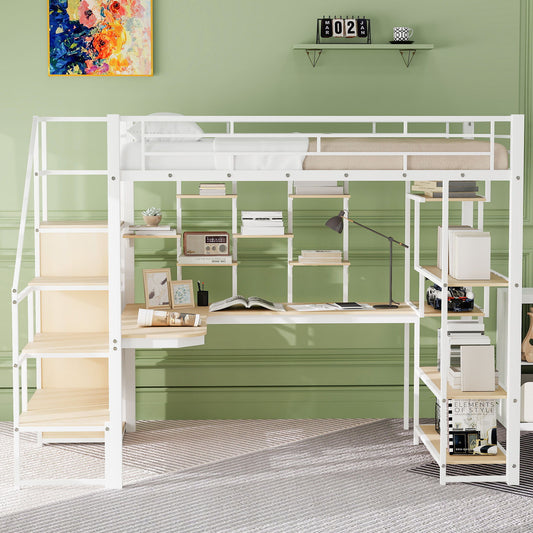 Loft Bed With Storage Staircase And Small Wardrobe, Built - In Desk And Storage Shelves