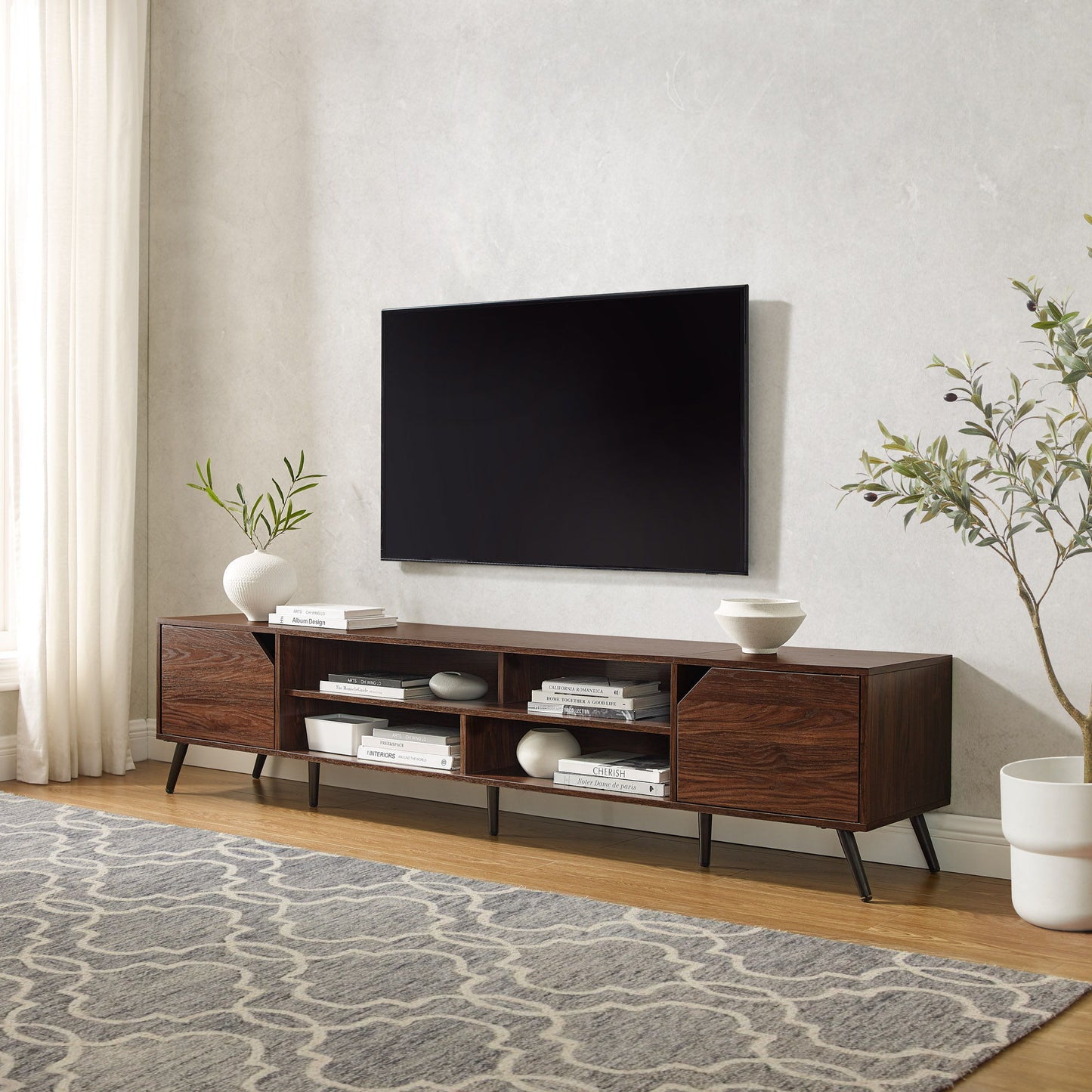 Contemporary 2 Door Minimalist TV Stand For TVs Up To 90" - Dark Walnut