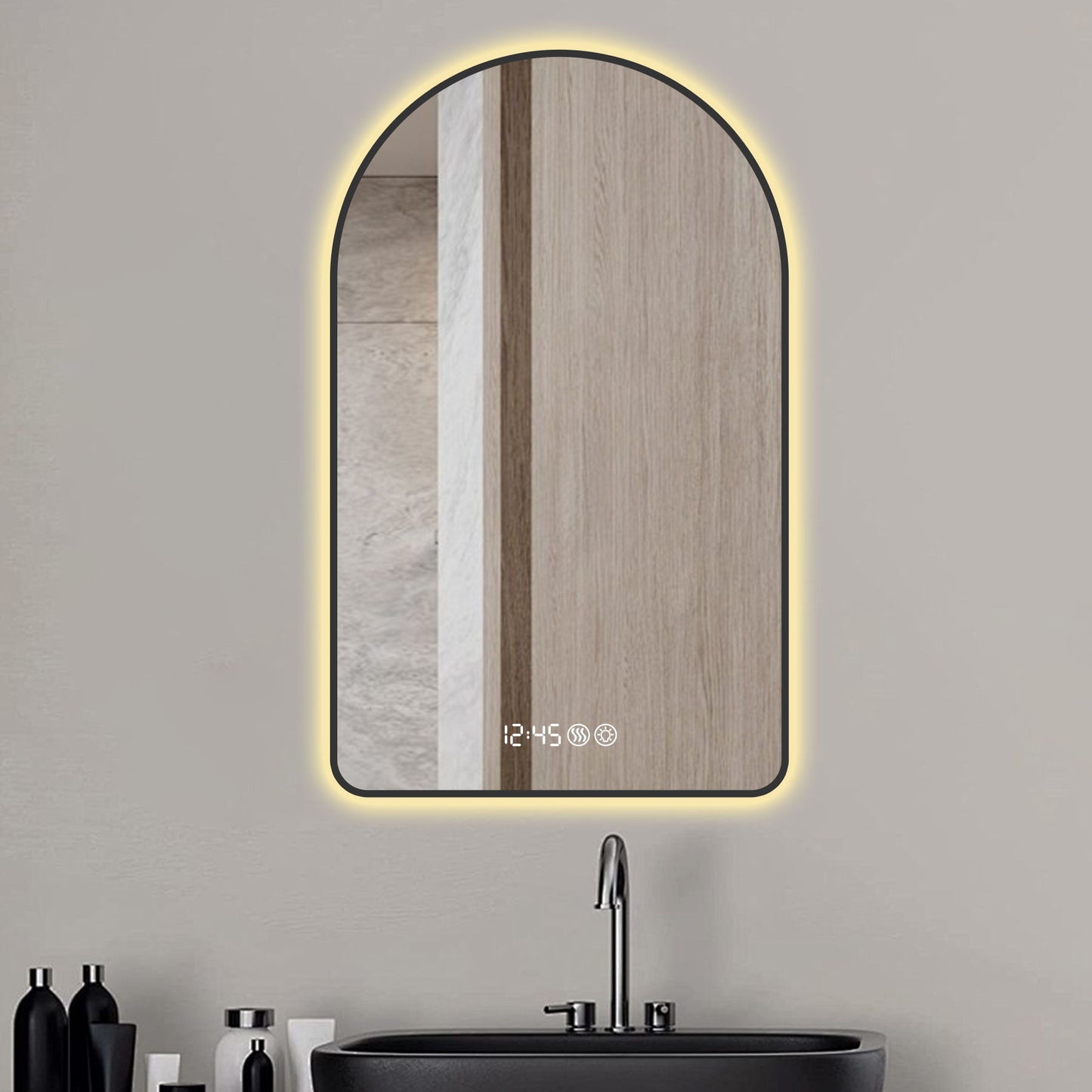 Modern Arched LED Bathroom Mirror With Time And Temperature Display, Anti Fog, Dimmable Light - Black