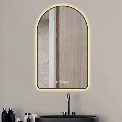 Modern Arched LED Bathroom Mirror With Time And Temperature Display, Anti Fog, Dimmable Light - Black
