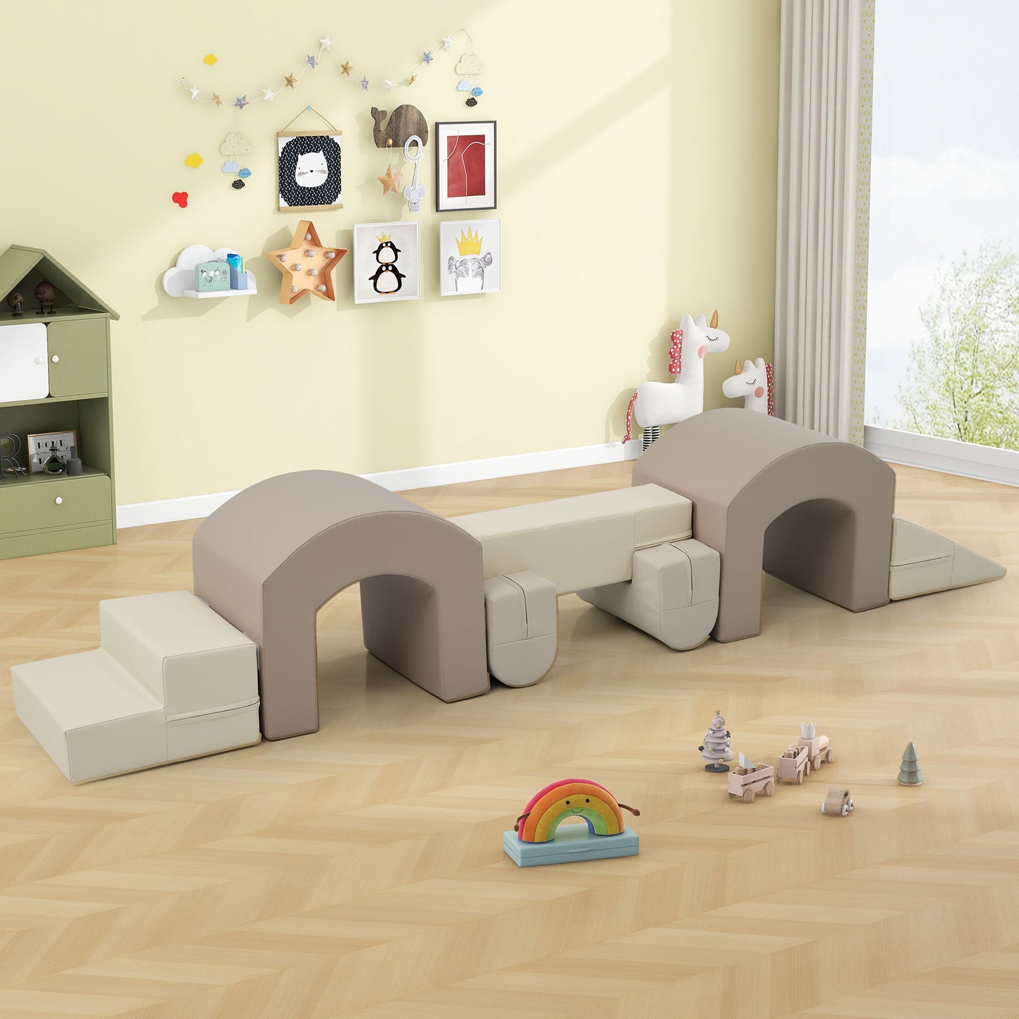 Indoor Soft Foam Climber Play Sets 7 In 1, Soft Play Equipment Climb And Crawl Playground For Toddlers, Kids Crawling And Climbing Active Play Structure - Coffee