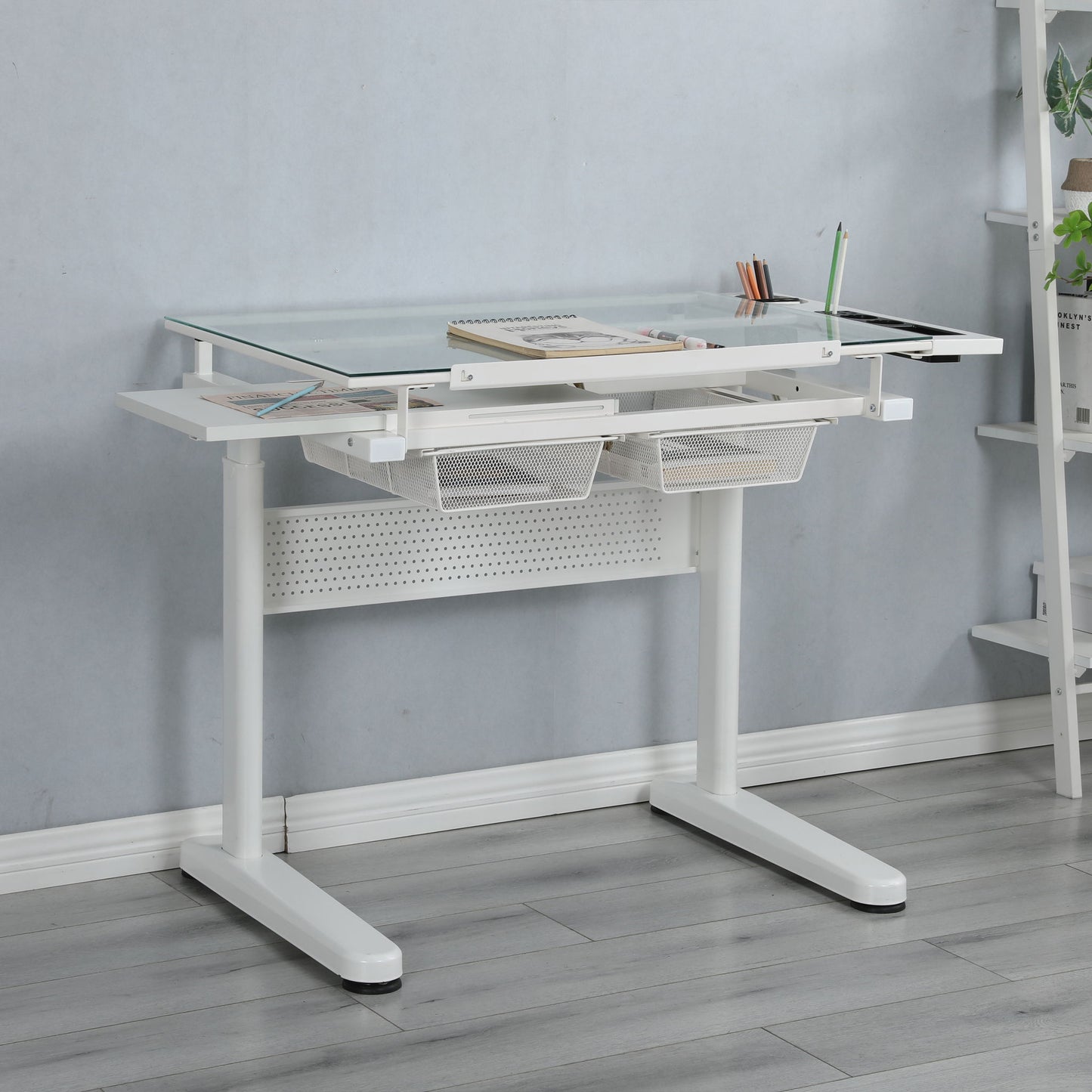 38.18" Hand Crank Adjustable Drafting Table Drawing Desk With 2 Metal Drawers With Stool