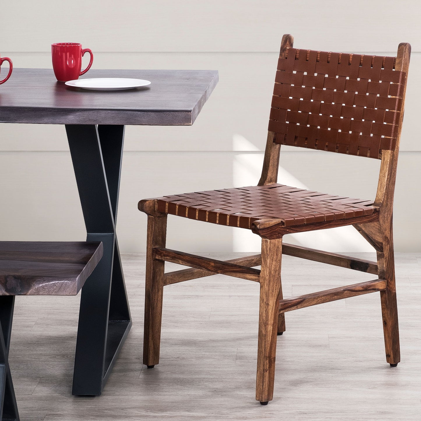 Rustic Wooden Dining Chair (Set of 2) With Genuine Leather Woven Upholstery - Brown