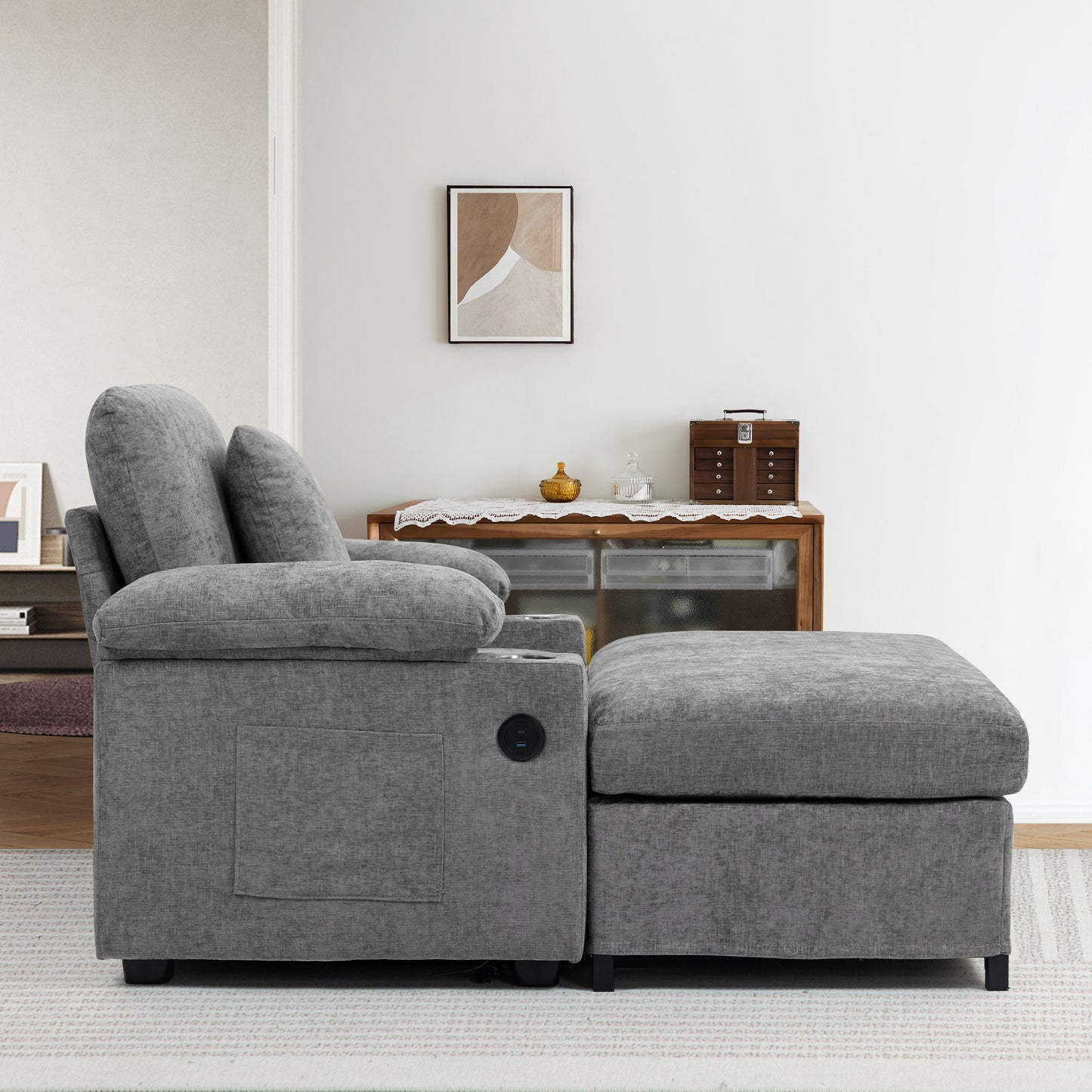 Chenille Fabric Sofa Bed With Cupholders And USB Charging Ports Chair For Living Room