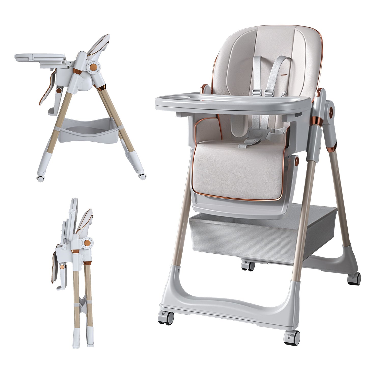 Adjustable Baby High Chair 0-6 Years, Portable Infant Feeding Seat With Safety Belt, Silent Lockable Wheels