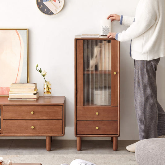 Free-Standing Corner Cabinets Storage Table With Vintage Glass Door, 2 Shelves, 2 Drawers And Brass Handle - Walnut
