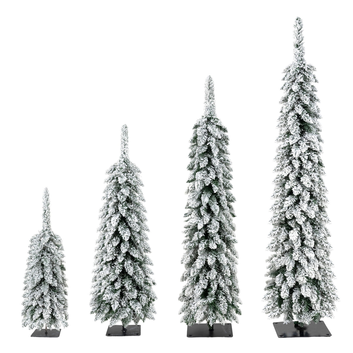 4 Pack Slim Pencil Christmas Trees With Snow Tips, Warm LED Lights, For Indoor Use - Green