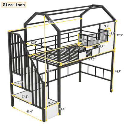Metal Loft Bed With Roof Design And Storage Box With Guardrails And Integrated Ladder