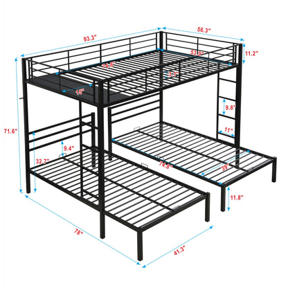 Modern Metal Triple Bunk Bed With Vertical Ladder, Safety Rail, And Storage Shelf - Black