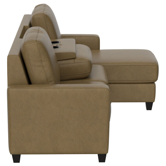 2 Piece Sofa With Chaise, Comfortable Seating For 3, Tapered Feet, USB Charging Console - Brown