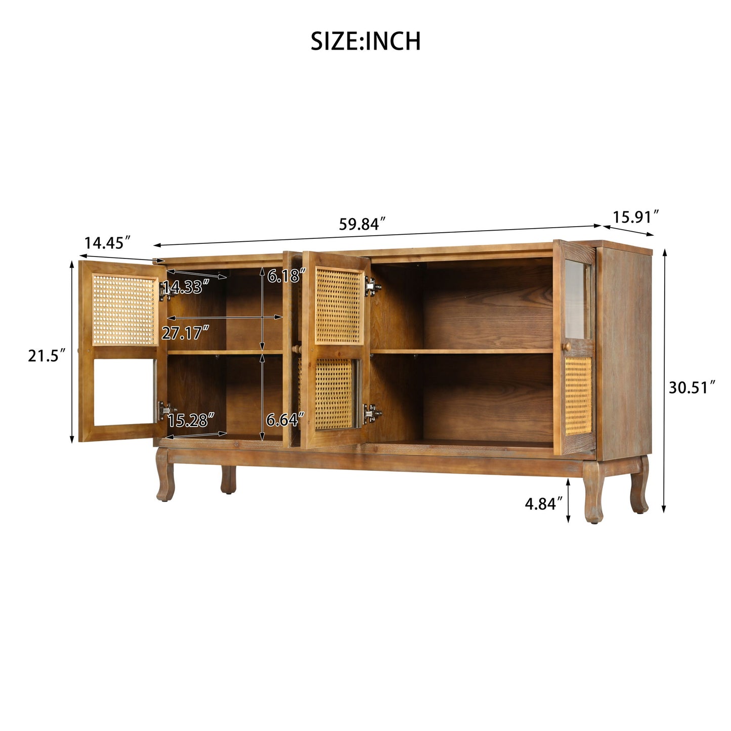 Retro Industrial 4 Door Sideboard With Large Storage, Rattan And Glass Doors