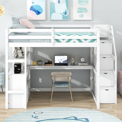 Loft Bed With Desk, Shelves, 2 Drawers, Storage Staircase