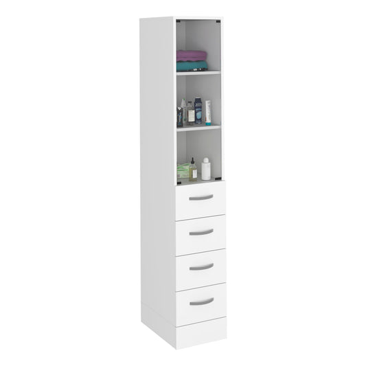 Linen Cabinet, 3 Shelves, 4 Drawers And Metal Handles - White