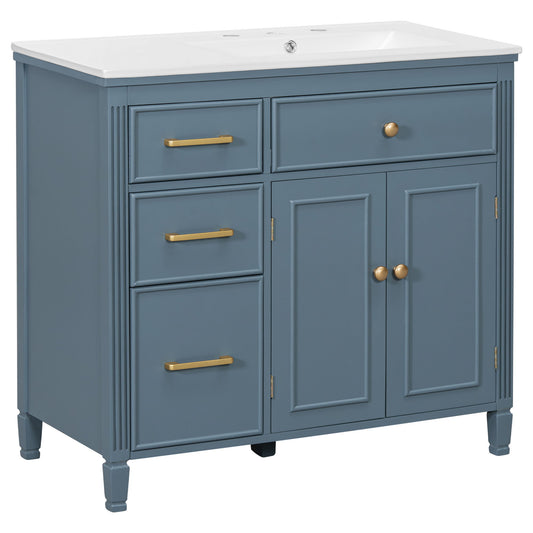 Modern Bathroom Vanity With Ceramic Sink, Freestanding, One Tip Out Drawer, 3 Side Drawers, Adjustable Shelf