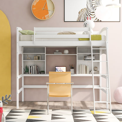 Loft Bed With Storage Shelves, Desk And Ladder