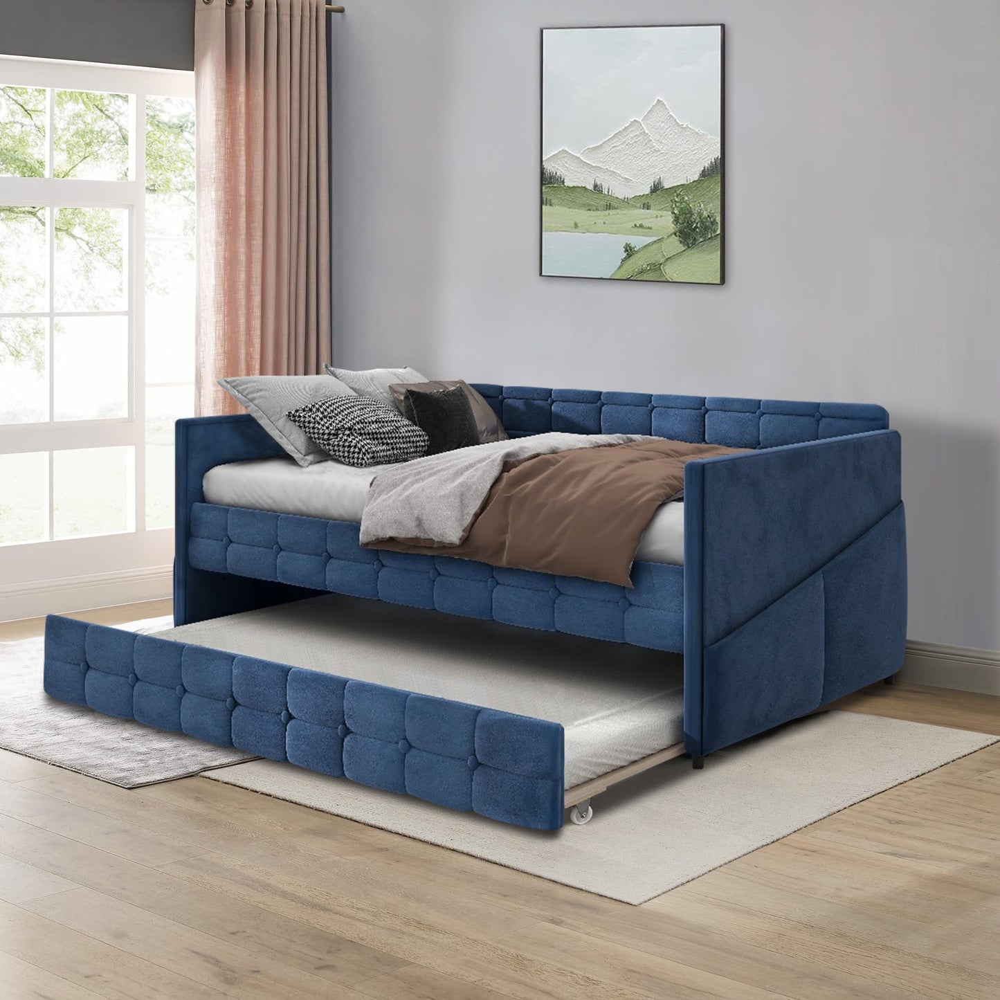 Upholstered Twin Size Daybed Bed Frame (Corner Bed) With Trundle, Velvet Fabric, Studding Design, No Box Spring Required
